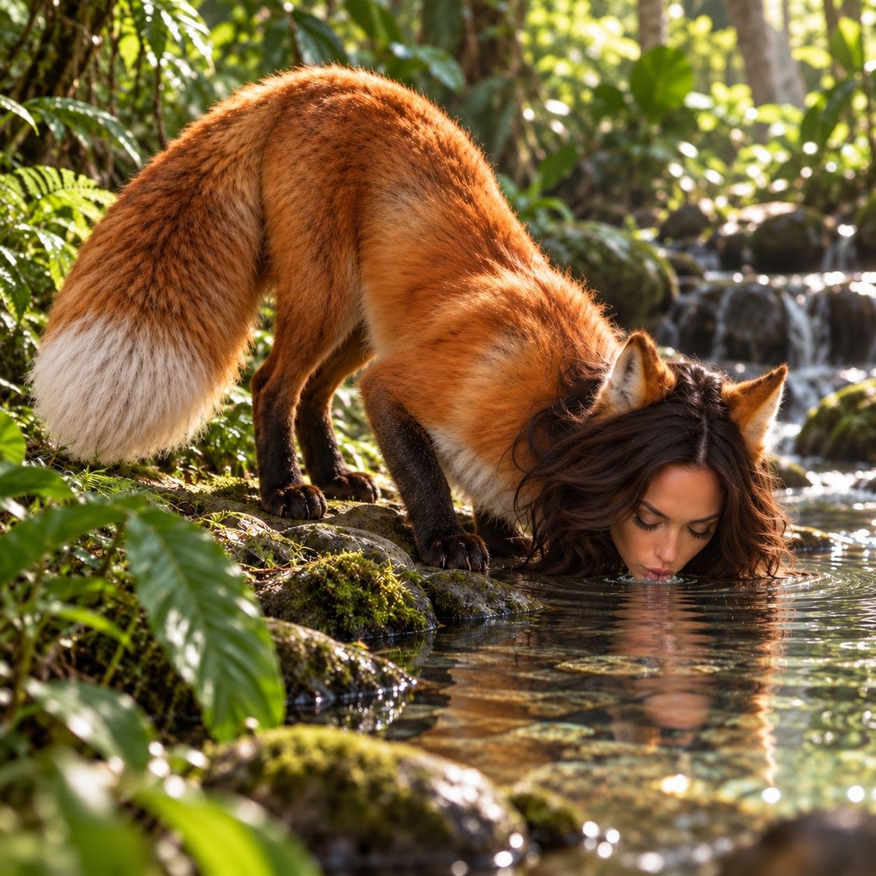 Fox Megan drinking from a forest stream
